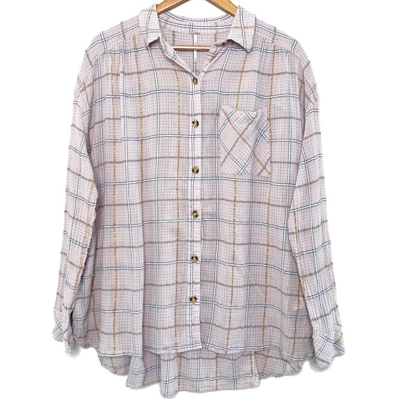 Free People Break My Stride Plaid Button Down Collared Shirt Pink Gold Size Med - Picture 2 of 8